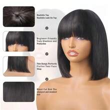 Elegant Short Bob Human Hair Wig With Bangs For Women, 200% Density, Glueless Straight Full Machine Made, Natural Black - Rose Net Cap, Comfortable & Stylish For Casual Attir - S1 - Xem 9