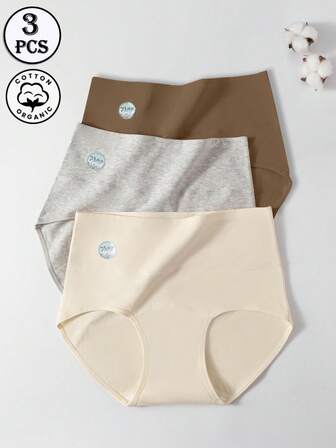 3pcs/Pack Seamless High Waist Solid Color Cotton Crotch Women's Underwear, Comfortable Sports Briefs, Tummy Control And Butt Lift, Marl Color