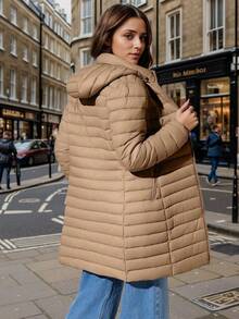 Giolshon Women's Casual Hooded Jacket, With Pockets, Thickened Design, Lightweight And Breathable, Suitable For Daily Wear, Autumn/Winter - Brown - View 2