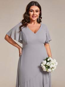 EVERPRETTY Plus Size V-Neck Asymmetrical Ruffle Hem Bridesmaid Dress Gray Formal Dresses For Fall Wedding Party