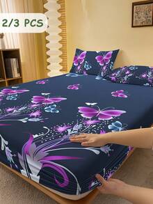 2/3 Pcs Printed Fitted Sheet Set, Bedding, Bed Sheet Set, Soft And Comfortable Bedding, Room Decor, Skin-Friendly Bed Cover Set For All Season, Mattress Protector For Bedroom, Fits For Twin Full King Queen Size Bed, 1 Fitted Sheet And 2 Pillowcases, Machine Washable, Fathers Day Decor, Birthday Decorations, Grad Party Decor, Fathers Day Gift, Graduation Gifts, Birthday Gifts - Con bướm tím - Xem 1