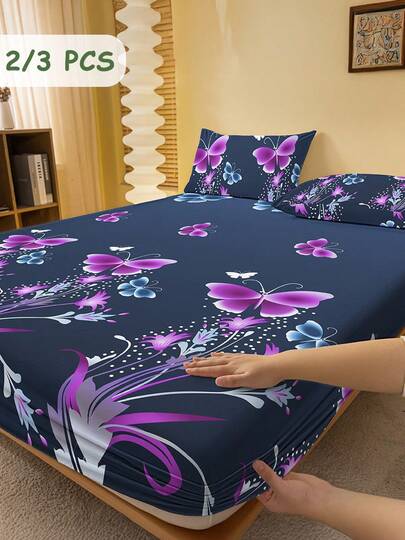2/3 Pcs Printed Fitted Sheet Set, Bedding, Bed Sheet Set, Halloween Decor, Fall Decor, Soft And Comfortable Bedding, Room Decor, Christmas Decoration, Skin-Friendly Bed Cover Set For All Season, Halloween Gift, Mattress Protector For Bedroom, Fits For Twin Full King Queen Size Bed, 1 Fitted Sheet And 2 Pillowcases, Machine Washable