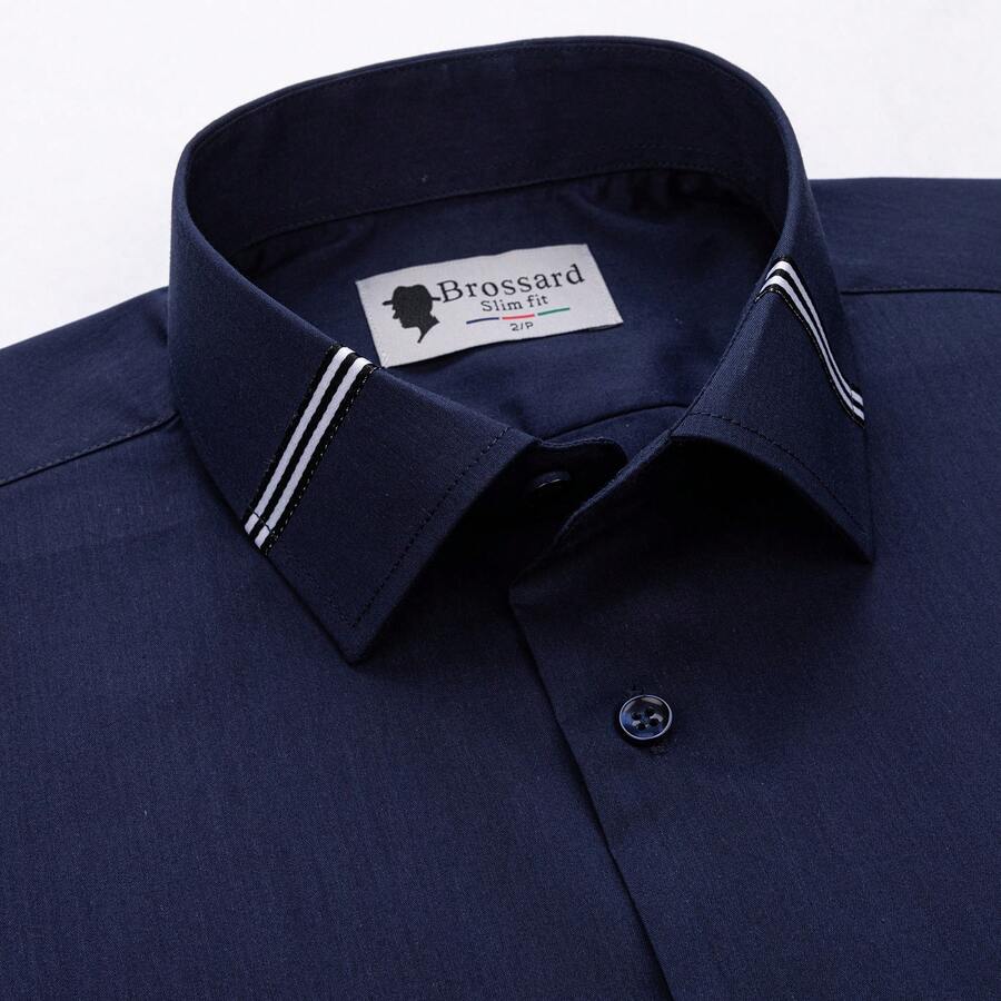 [Tedelon]56% Polyester 40% Cotton 4% Spandex ,Slim Fit Dress Shirt - White Formal/Casual Shirt With Contrast Collar & Cuff Details, Breathable Cotton Blend For Business, Daily Wear - 藏青 - 查看 1