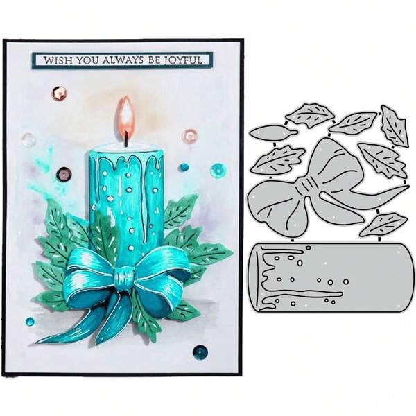 1pc Candle, Bow & Leaf Grey Metal Cutting Dies, Art Paper Carving Template For Paper Card Making, Scrapbooking DIY Card Album Craft Decor