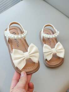 2025 New Pearl Non-Slip Soft Bottom Open Toe Girls Flat Princess Shoes With Hook And Loop, Beige