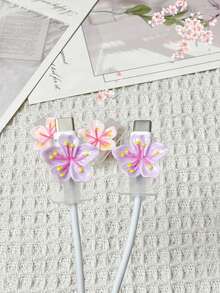 2pcs Cherry Blossom Data Cable Protector, Mobile Phone Accessories, Anti-Bending Charging Cable Protector, Mobile Phone Charging Cable Connector Protective Gear Charger Accessories - Multicolor - View 5