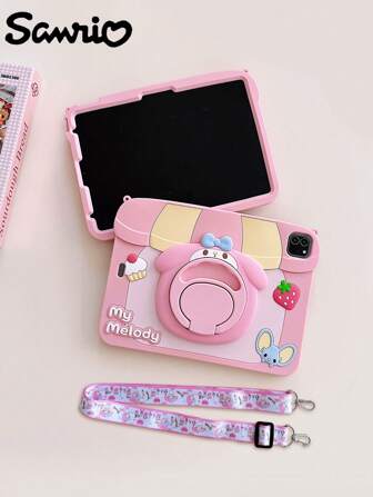 Sanrio Cute Strawberry Cake Melody Flat Case Suitable For IPad 5, IPad 6, Cartoon Rotating Melody House With Lanyard Protective Cover, Air 4, Air 5 Silicone Soft Shell Protective Case