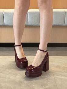 Mary Jane High Heeled Sandals Platform Chunky Heels For Women Closed Square Toe Buckled Ankle Strap ​Sandals Fashion Dress Party Pumps Valentine's Day Outfits - Màu Đỏ Sâu - Xem 4