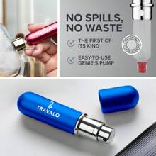 Atomizador de perfume HD clásico Travalo a prueba de fugas y aprobado por TSA para viajes aéreos, rociador de bomba de aire fácil de llenar, diseño ligero y elegante con volumen en ventana azul de 0.17oz