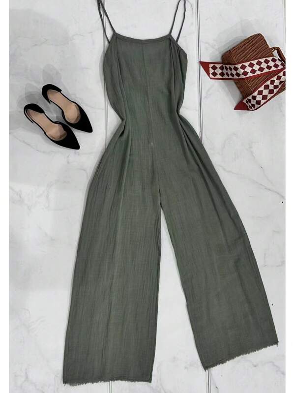 mono lino liso de tirante   Liso    Casual  Elegante    Tela    Espalda al aire    mono lino largo  Diario  Vacaciones  viaje    PRIMAVERA VERANO