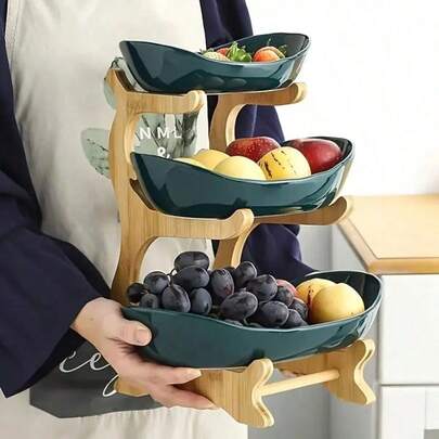 Frutero decorativo de plástico de 2 o 3 niveles para cocina y comedor. Bandeja multicapa para almacenar frutas y aperitivos. Soporte de madera de bambú para aperitivos y dulces. Cesta de frutas para frutas, aperitivos y postres.