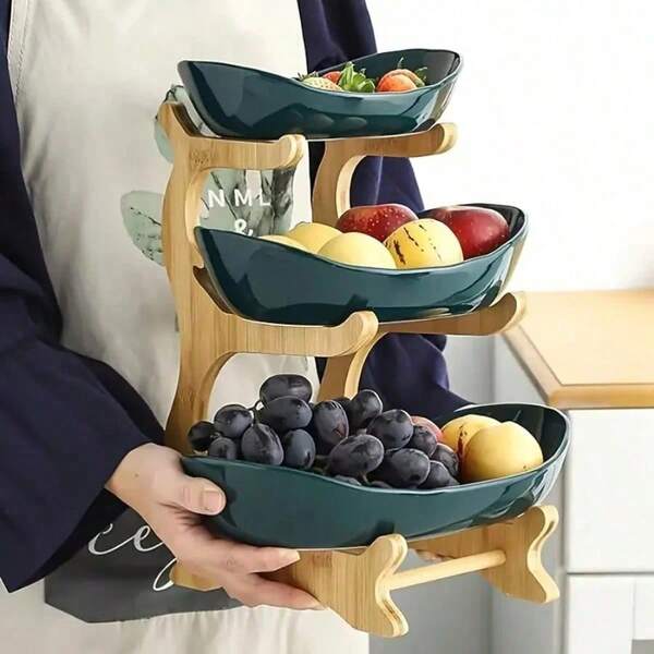 2/3 Tier Decorative - Plastic Fruit Bowl Set For Kitchen And Dining Room - Multi-Layer Tray, Fruit And Snack Storage Tray, Bamboo Wooden Stand Home Snack Tray Candy Tray Fruit Basket For Fruits, Snacks And Desserts