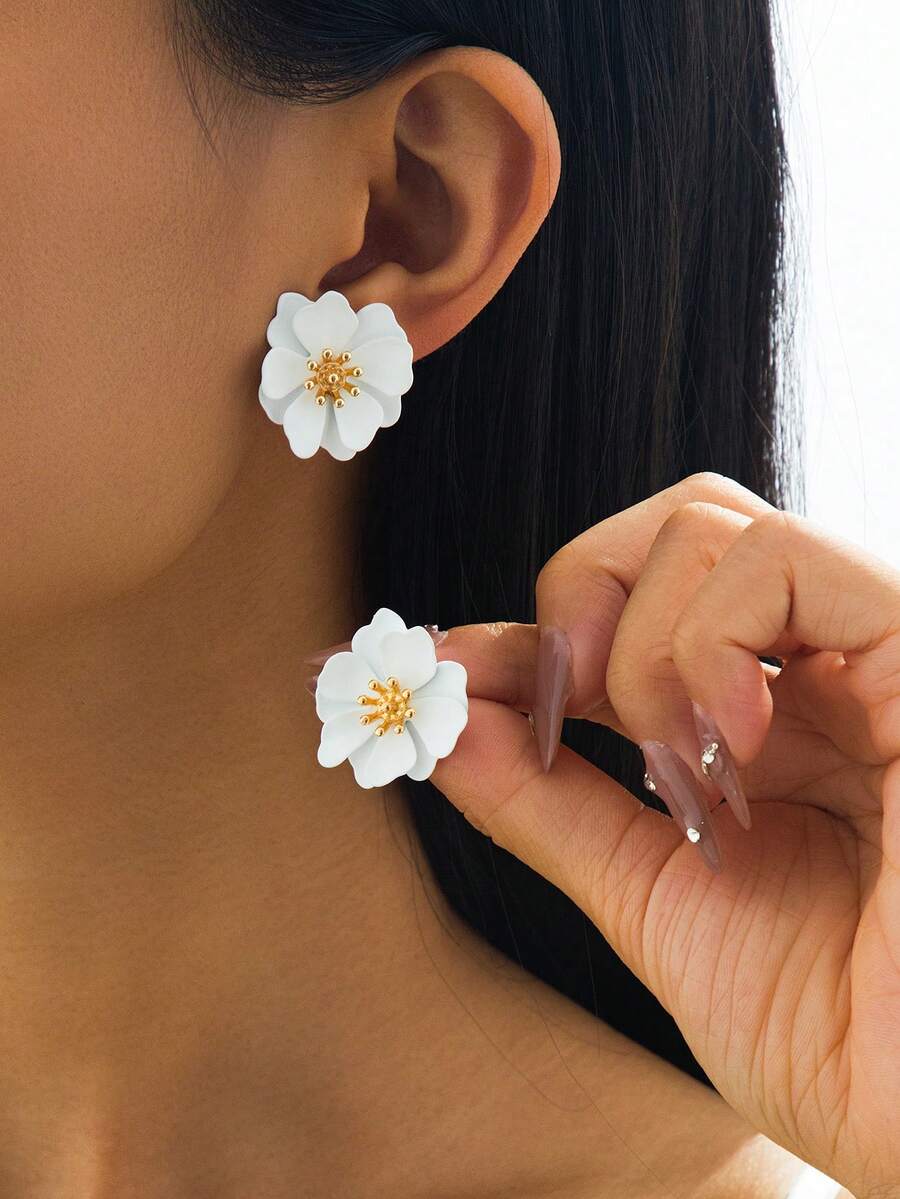 一对花卉彩绘白色耳环，适合女性度假佩戴 - 白色 - 查看 1