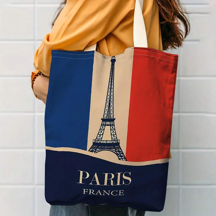 1pc Large Capacity Eiffel Tower Canvas Bag With Dual Sided Paris Design Versatile Tote For Shopping, Travel, Daily Use, Features Adjustable Straps In Two Colors, Stylish, Durable, Foldable Perfect Gift For Family Friends - 彩色 - 查看 1