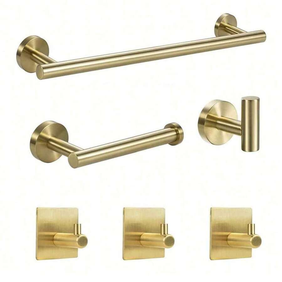 MiLaiWP Bộ phụ kiện phòng tắm bằng thép không gỉ bao gồm thanh treo khăn, giá treo giấy vệ sinh, móc treo tường, móc treo áo choàng, móc treo áo khoác cho bộ phụ kiện phòng tắm 6/3 chiếc - Vàng - Xem 1