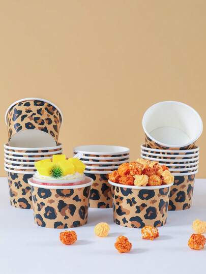 10/25pcs Brown Leopard Print Paper Bowls, French Fries Boxes, Popcorn Boxes, Snack Boxes For Birthday Party Decoration And Home Movie Night, Suitable For Lunch Boxes, Bakeries, Burger Restaurants