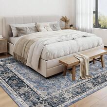 Boho Vintage Floral Rug, Washable Area Rug, Large Rug Made Of Soft Faux Lamb Velvet With Non-Slip TPR Backing For Bedroom, Bathroom, Dining Room, Kitchen, Office - Màu xanh lam - Xem 2