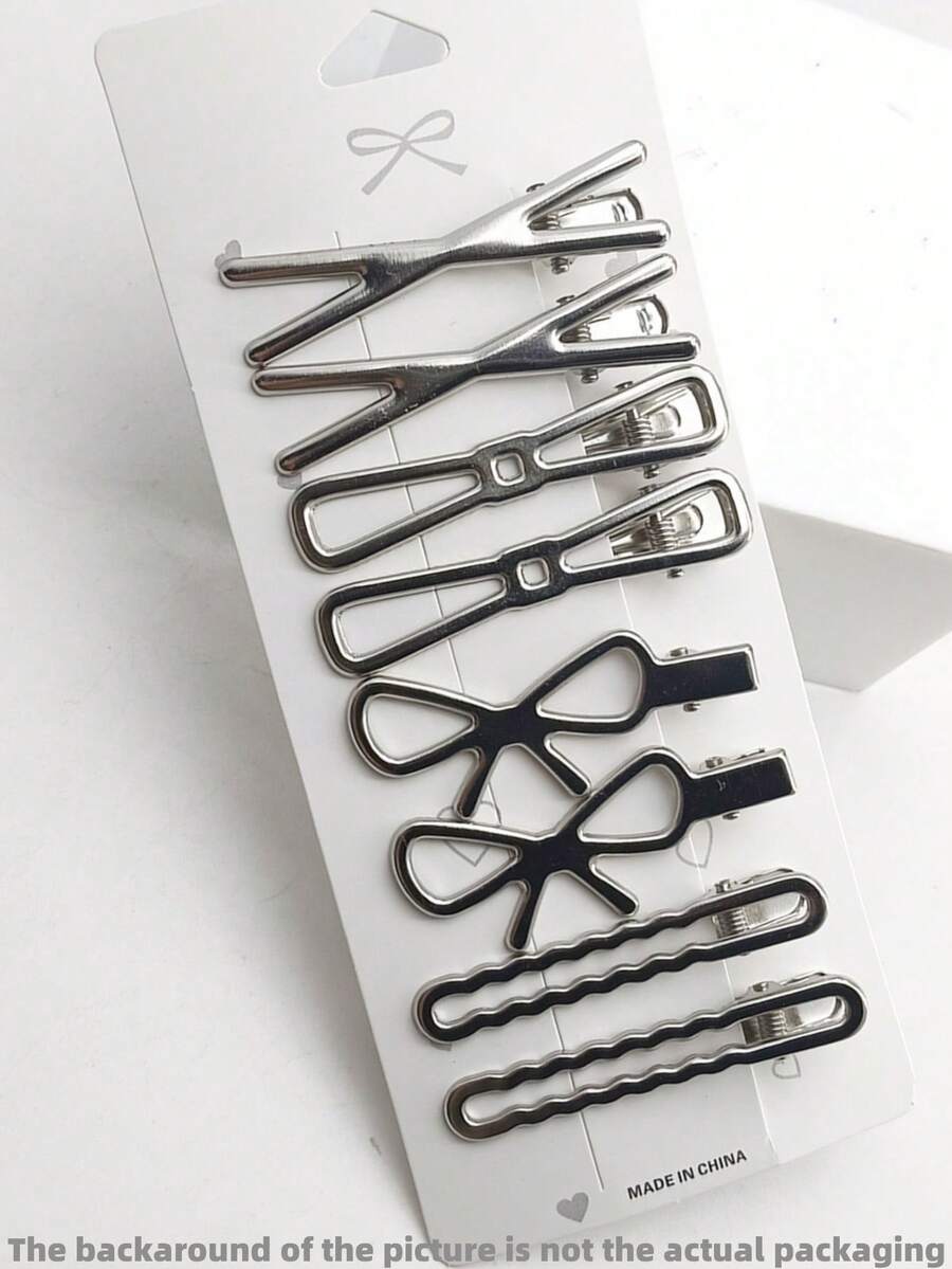 8件套女士发夹，简约百搭，适合日常佩戴，包括爪夹、发夹、发卡、发卡、发饰 - 銀色 - 查看 1