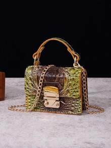 Crocodile - Embossed Mini Top - Handle Bag: Chain Strap, Dual - Compartment Design For Chic Daily Looks - Goldfish Brown - View 4
