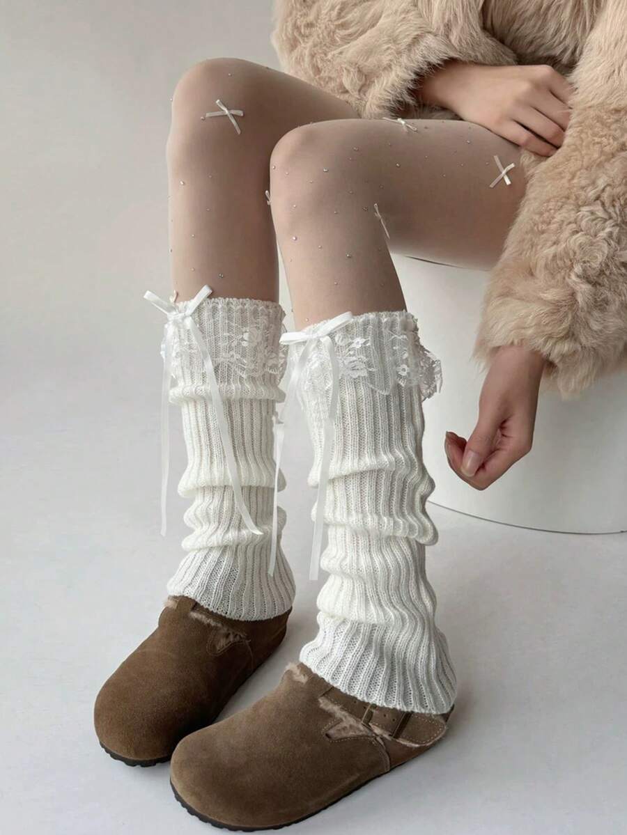 1 Cặp quần tất giữ ấm chân ren nhún bèo đan nơ thời trang dành cho nữ, quần tất giữ ấm chân JK phong cách ngọt ngào phù hợp cho mùa thu/đông, phụ kiện mùa thu, quà tặng Giáng sinh - Nhiều màu - Xem 1