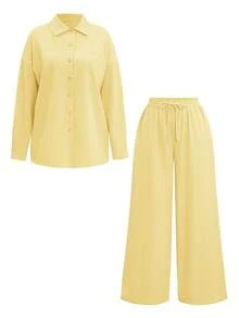 Look Polly 女式春夏休闲街头风格条纹撞色上衣、衬衫、长裤两件套纽扣衬衫女式条纹休闲、女士休闲套装返校服万圣节奶油黄衣服女式圣诞节 - 黃色 - 查看 1