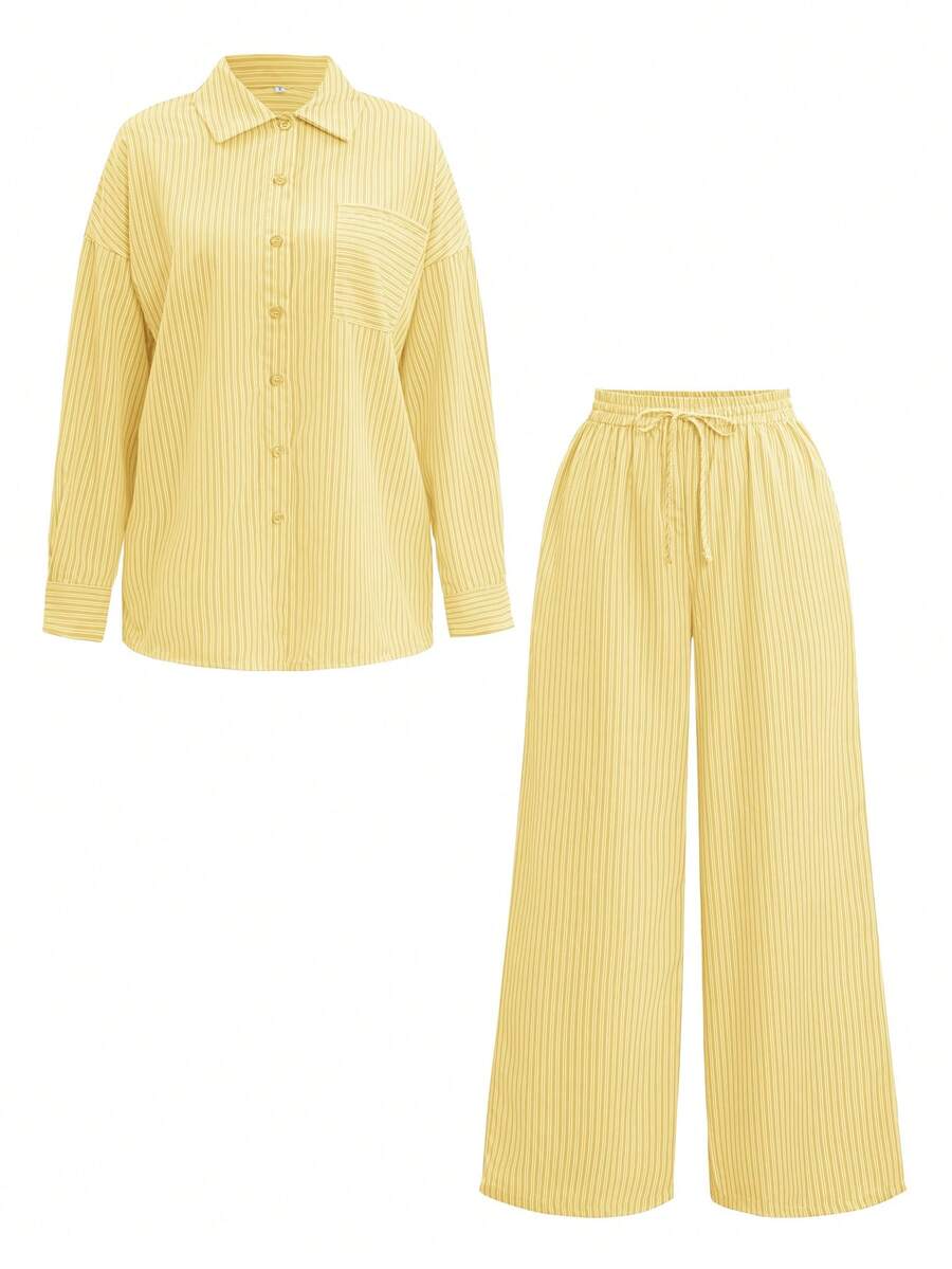 Look Polly 女式春夏休闲街头风格条纹撞色上衣、衬衫、长裤两件套纽扣衬衫女式条纹休闲、女士休闲套装返校服万圣节奶油黄衣服女式圣诞节 - 黃色 - 查看 1