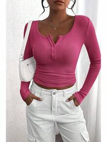 Women's 2025 Fall Long Sleeve Henley Shirts Button Ribbed Knit Casual Basic Tops Blouse - 玫紅色 - 查看 4