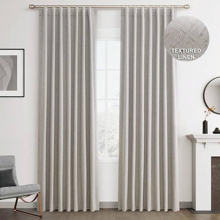 Beige Linen% Blackout Curtains 84 Inch Long, Rod Pocket/Back Tab/Hook Belt/Clip Rings, Thermal Insulated Drapes Bedroom Living Room With Hooks (1 Panel, 60 X 84), Stylish Window Treatments - 銀色 - 查看 1