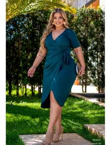 Plus Size Dress Short Sleeve Loose Comfortable Adjustable V Neckline - 綠色 - 查看 5