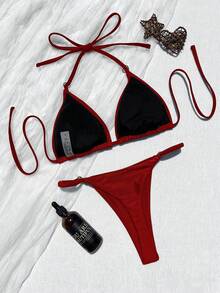 Women's Summer Beach Red Halter Tie Sexy Bikini Swimsuit Set - Red - View 4