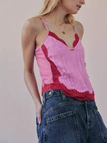 Women Summer Y2k Casual Lace Patchwork V-Neck Tank Top Fashionable Spaghetti Straps Open Back Crop Tops Stylish Sleeveless Tie Up Back T-Shirt Streetwear - 粉紅色 - 查看 2