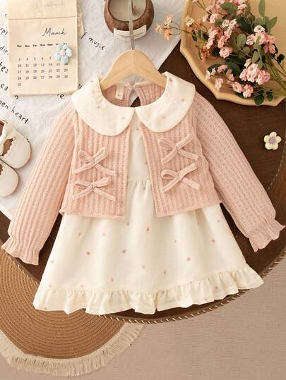 女婴甜美碎花领蝴蝶结长袖拼布连衣裙，适合春秋季日常公主裙