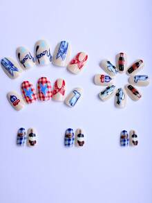 24 piezas de uñas postizas con diseño de vaquero, carretera y graffiti en estilo almendra, uñas acrílicas falsas, primera opción para chicas cool, adecuadas para uso diario, oficina, viajes y estilo Y2K, con 1 pieza de lima y 1 pieza de pegamento de gelatina