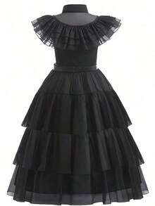 Girls' Party Cap Sleeve Black Long Dress With Belt And Wig, Cosplay Costume For Halloween Party - Black - View 3