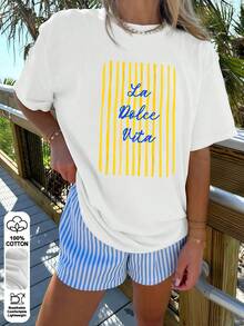 Sweet Life Slogan Pattern,Women's Casual Long Spring Summer Top,100% Cotton,Loose T-shirt Long,Streetwear,White Top - 白色3 - 查看 1