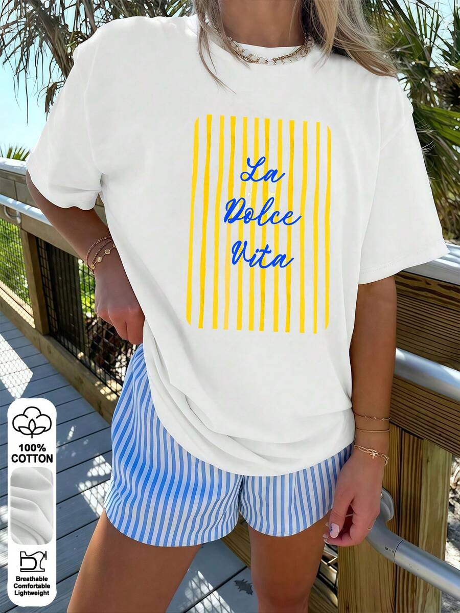 Sweet Life Slogan Pattern,Women's Casual Long Spring Summer Top,100% Cotton,Loose T-shirt Long,Streetwear,White Top - 白色3 - 查看 1