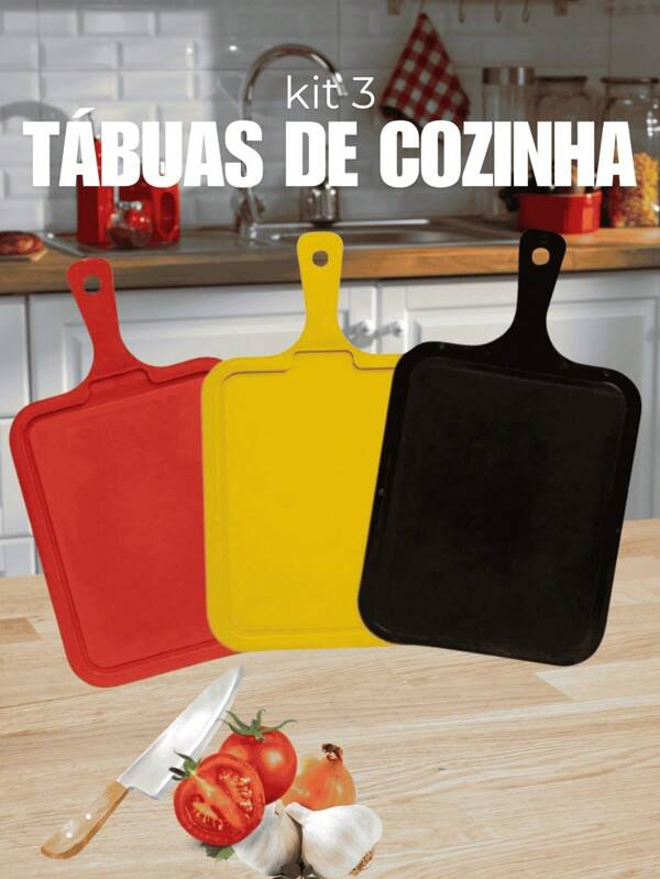 Kit 3 Tábuas de Corte Coloridas para Carne e Legumes – Plástico Resistente e Antiderrapante