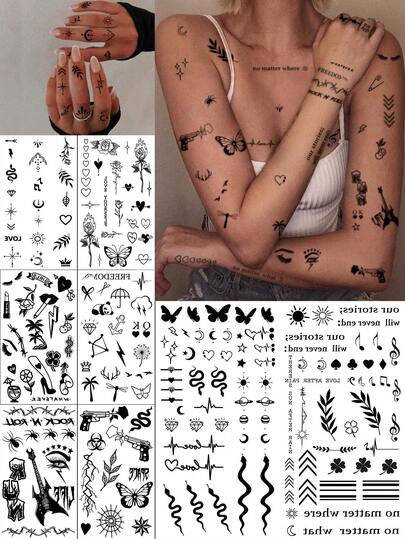 8 stuks zwarte tijdelijke tatoeages, waaronder hart, koppelletter, klaver, vlinder, ster, bloem, slang, inspirerende ontwerpen voor vinger, sleutelbeen en nek