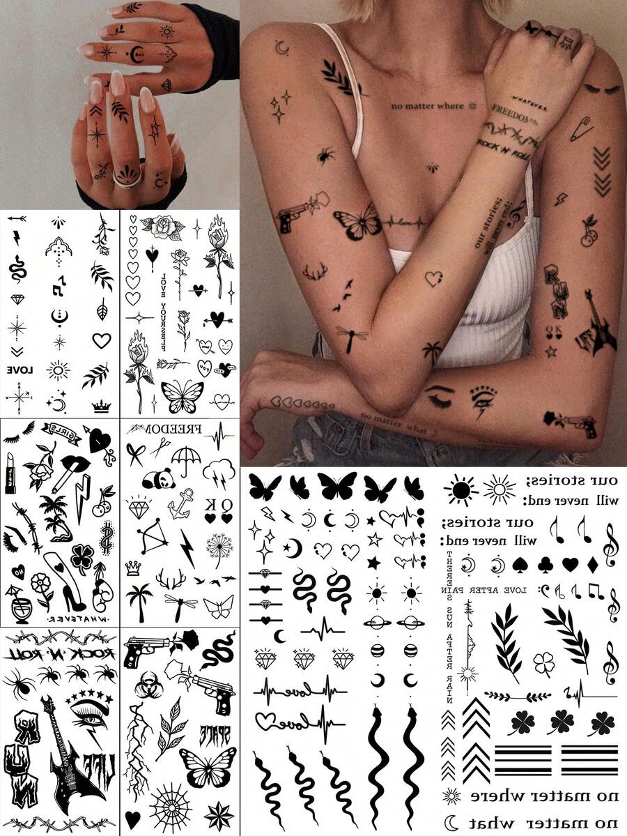 8pcs Black Temporary Tattoos, Including Heart, Couple Letter, Clover, Butterfly, Star, Flower, Snake, Inspirational Designs For Finger, Collarbone, Neck - Black - View 1