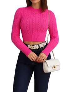 Sayuri Modal Knit Blouse Cropped Braid Long Sleeve Winter Knit - Hoa hồng - Xem 2
