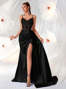 ADYCE 女士优雅吊带V领刺绣镂空高腰长款露背连衣裙，适合盛大晚宴、生日派对、正式晚宴、约会、返校节、婚礼宾客、正式晚宴、家庭聚会等场合。 - 黑色 - 查看 1