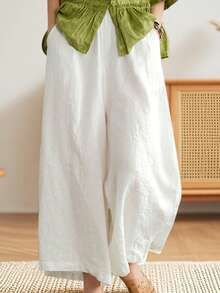 Plus Size High Waisted Wide Leg Pants Solid Elastic Waist Loose Fit Flowy Trousers With Pockets - 白色 - 查看 5