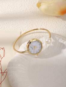 1 Women's Fine Fiber Bracelet, 1 Large Pearl, Diamond Cut Glass Rhinestone Dial, Minimalist Quartz Watch Bracelet, Watch - Gold - View 2