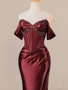 Đầm dạ hội trễ vai, gợi cảm, xẻ tà, kiểu đuôi cá quyến rũ dành cho nữ, thích hợp cho đám cưới, tiệc mùa xuân thanh lịch. - Màu Đỏ Sâu - Xem 7
