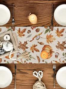 1pc/10pcs Autumn Pumpkin & Leaf Pattern Table Runner, Thanksgiving Table Runner, Harvest Festival Decor, Farmhouse Style, Linen-Like Material, 33*91CM/33*183CM/33*274CM, Indoor Outdoor Party Decoration, Pumpkin Theme Decor, Home Kitchen Dining Room Decoration