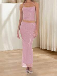 Women Sequin 2 Piece Set Tie-Up Halter Neck Open Back Crop Tops Low Rise Long Bodycon Skirt For Party Club - Hồng - Xem 5
