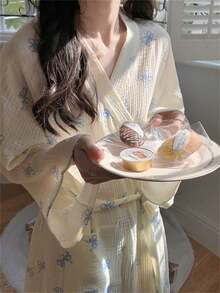 1 件女士新款韩版简约舒适浴袍，蝴蝶结休闲宽松长袍 - 粉紅色蝴蝶 - 查看 8