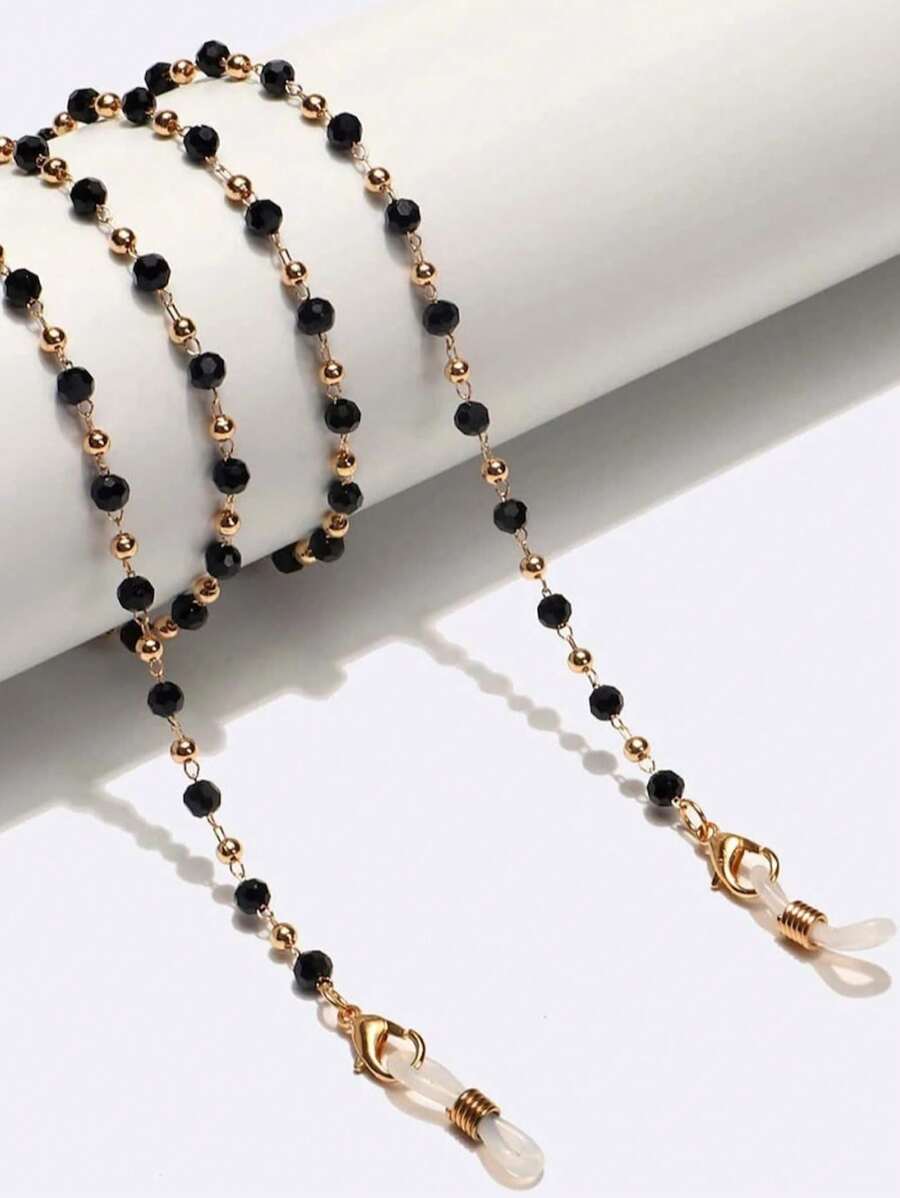 1pc Copper Bead & Black Crystal Casual Fashion Versatile Eyeglass Chain - Gold - View 1
