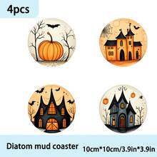 1set/4pcs/6pcs/300pcs Halloween Castle Pumpkin Pattern Diatom Mud Coasters, Coffee Coasters, Suitable For Home And Restaurant Decorations For Various Occasions, Holiday Gifts, Table Decorations, Autumn Decorations, Theme Party Decorations, Can Be Given As Gifts - Multicolor - View 8