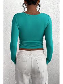 Women's 2026 Fall Long Sleeve Henley T Shirts Button Ribbed Knit Slim Fit Basic Tops Blouse Casual Outfits/Vacation Outfits Women/Valentine Outfits For Women - 孔雀石綠 - 查看 2